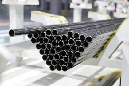 Industrial metal pipes on a factory production line