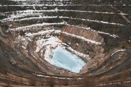 Aerial view of a large open pit mine