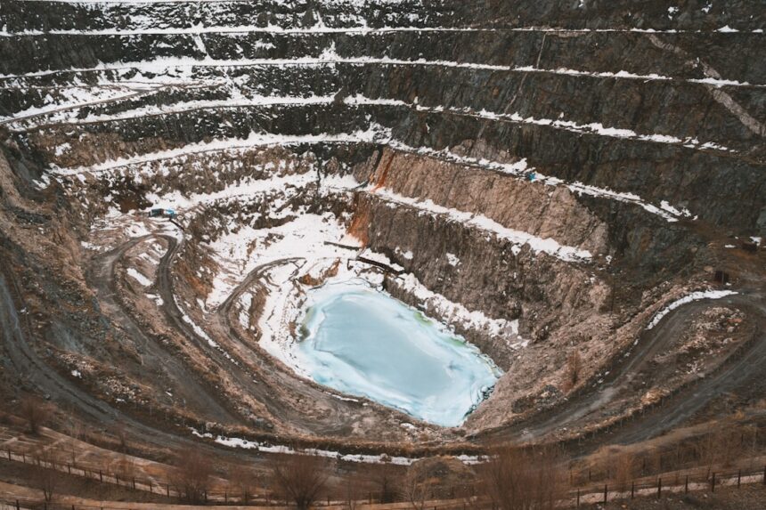 Aerial view of a large open pit mine